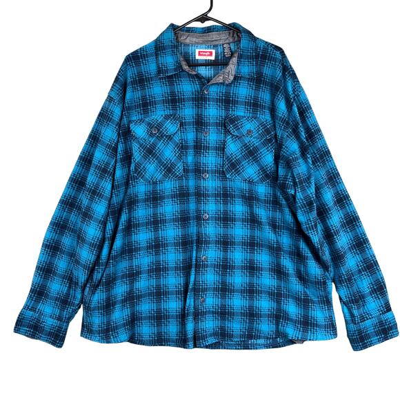 Wrangler Mens Shirt Blue Black Plaid Fleece Button Down Front Pockets Hiking 2XL - Picture 1 of 14